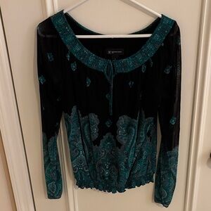 INC international concepts petite Black and Teal Women's Top with sheer sleeves
